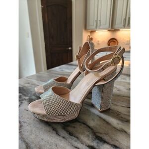 Madden Girl Summit Women's Glitz Rhinestone Dress Block Heels Tan Size 8